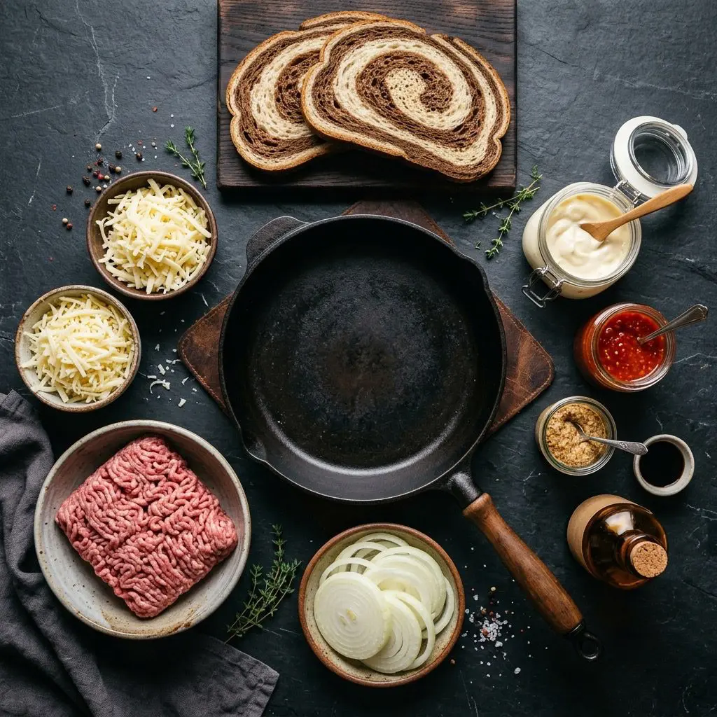 Overhead prep shot of fresh ingredients for a gourmet Patty Melt, including marbled rye bread, ground beef, grated Swiss cheese, onions, and sauce ingredients around a cast-iron skillet
