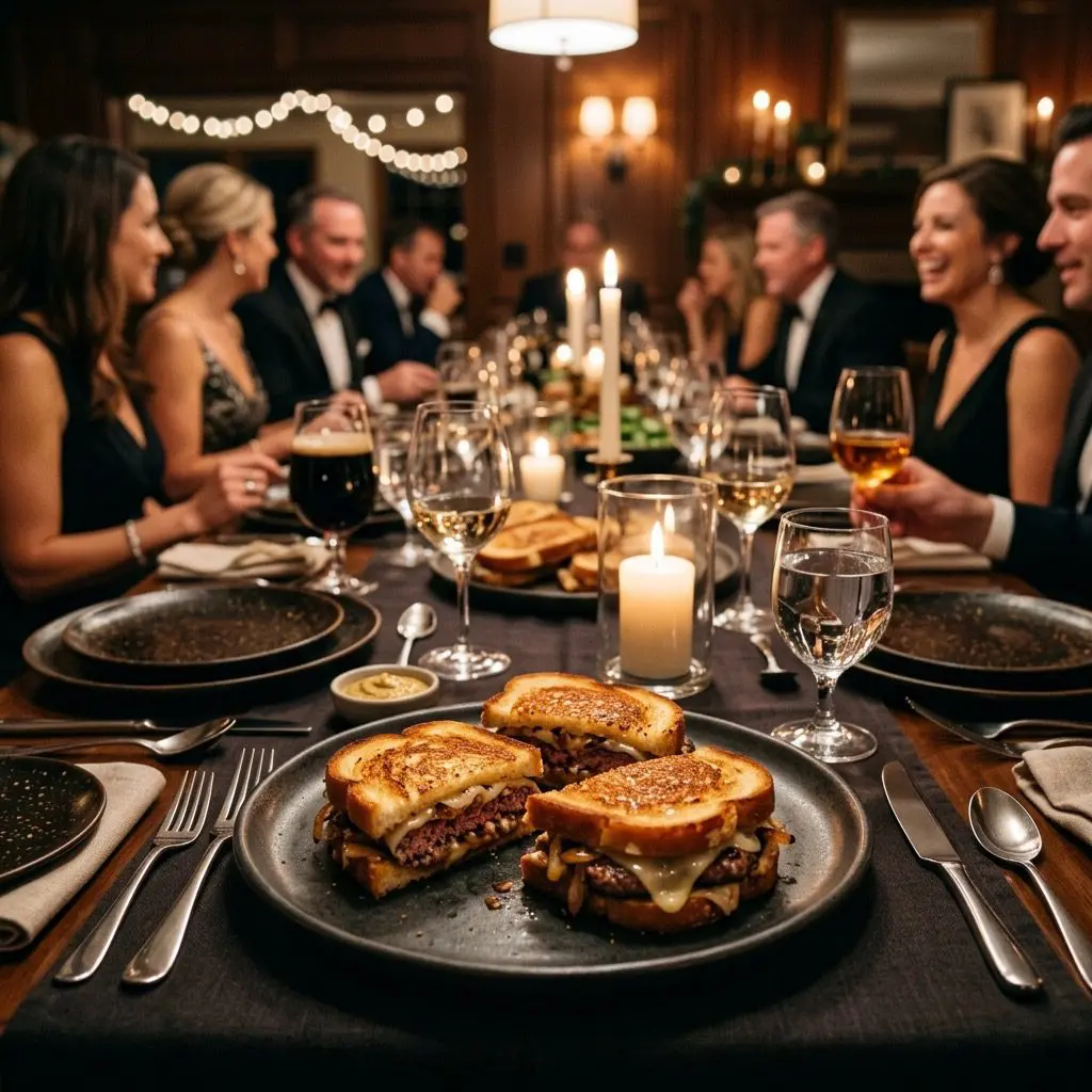 An elegant, formal evening indoor dinner table setting featuring a dark ceramic platter of beautiful, golden toasted Patty Melt sandwiches, with a sophisticated gathering in the background