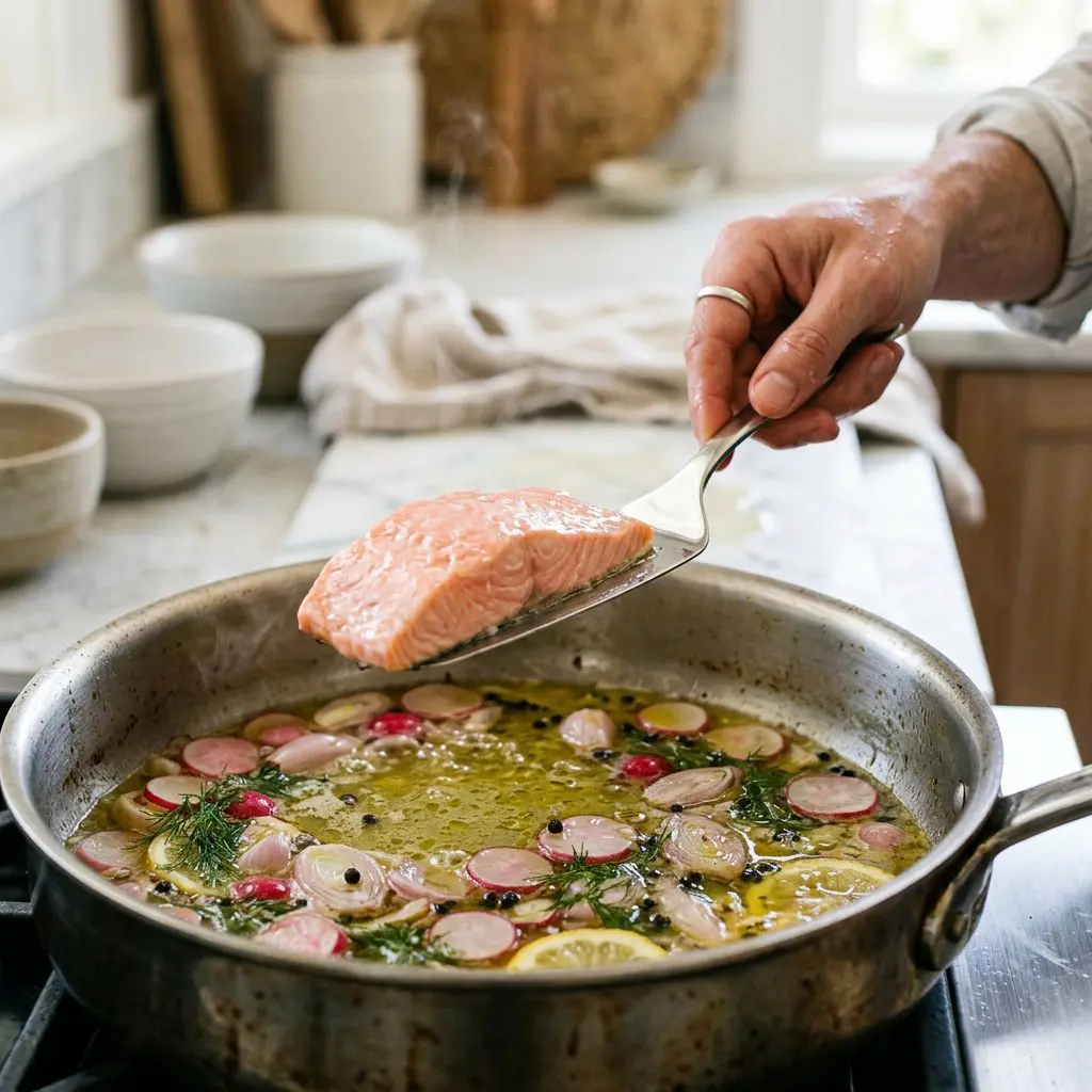 A cook's hand using a silver fish spatula to delicately lift a tender, glistening poached salmon fillet out of a deep-sided saute pan filled with simmering, golden olive oil, floating radishes, shallots, and peppercorns.