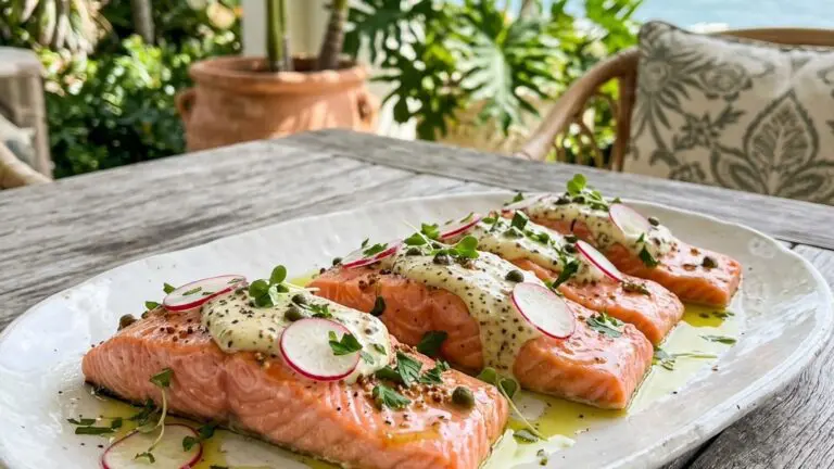 Stunning plated serving of Olive Oil Poached Salmon with Mustard Sauce, a chef-tested recipe by Chef Jorj Morgan.