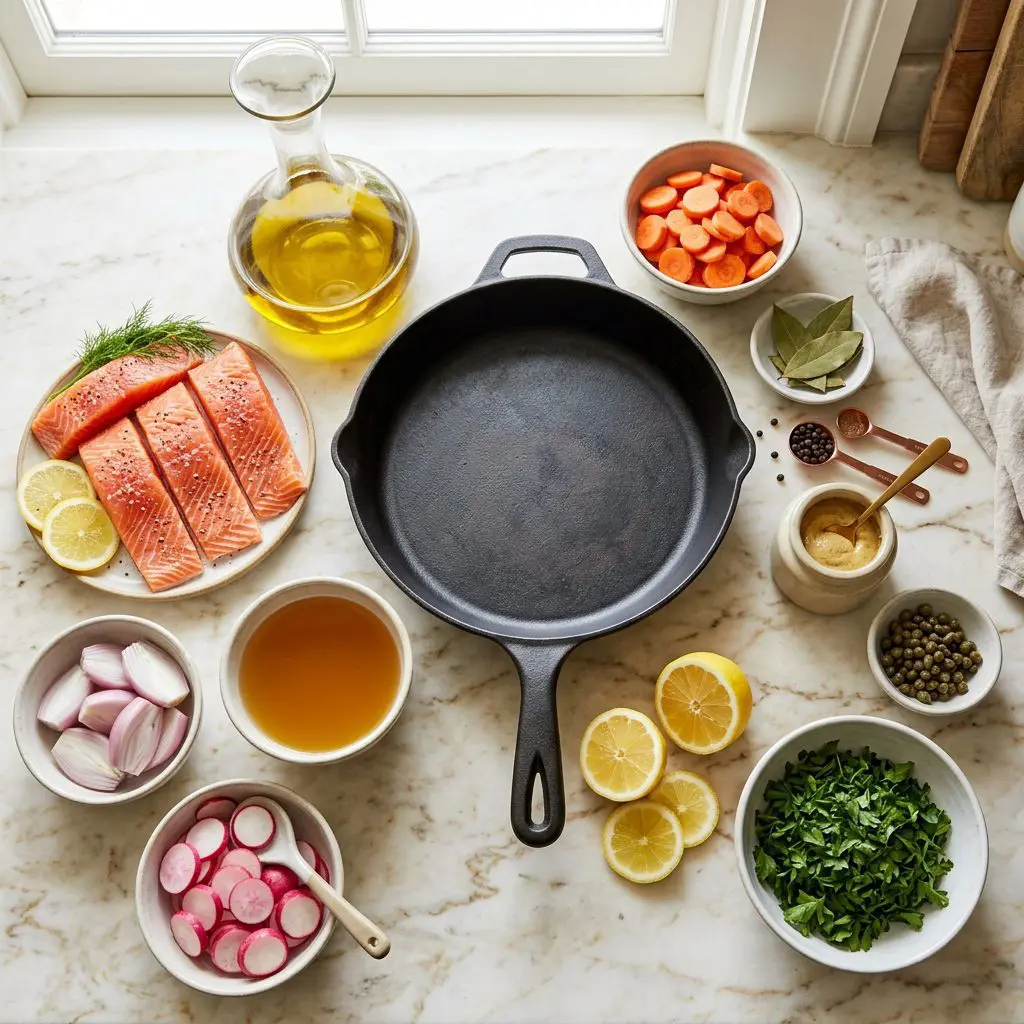Ingredients arranged: four thick raw salmon fillets, a large decanter of rich golden olive oil, bowls of chicken stock, sliced shallots, sliced bright pink radishes, sliced carrots, bay leaves, black peppercorns, Dijon mustard, capers, fresh lemons, and chopped parsley around a heavy, deep-sided saute pan on a marble prep board.