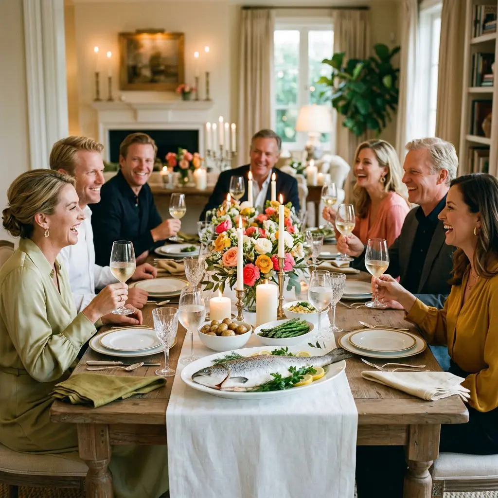 8 guests gathered around the table in a formal dining room laughing, eating, and drinking icy Sancerre in long-stemmed glasses in a Palm Beach Estate with candlelight. A stark white platter of poached, glistening salmon anchors the intimate dinner party.