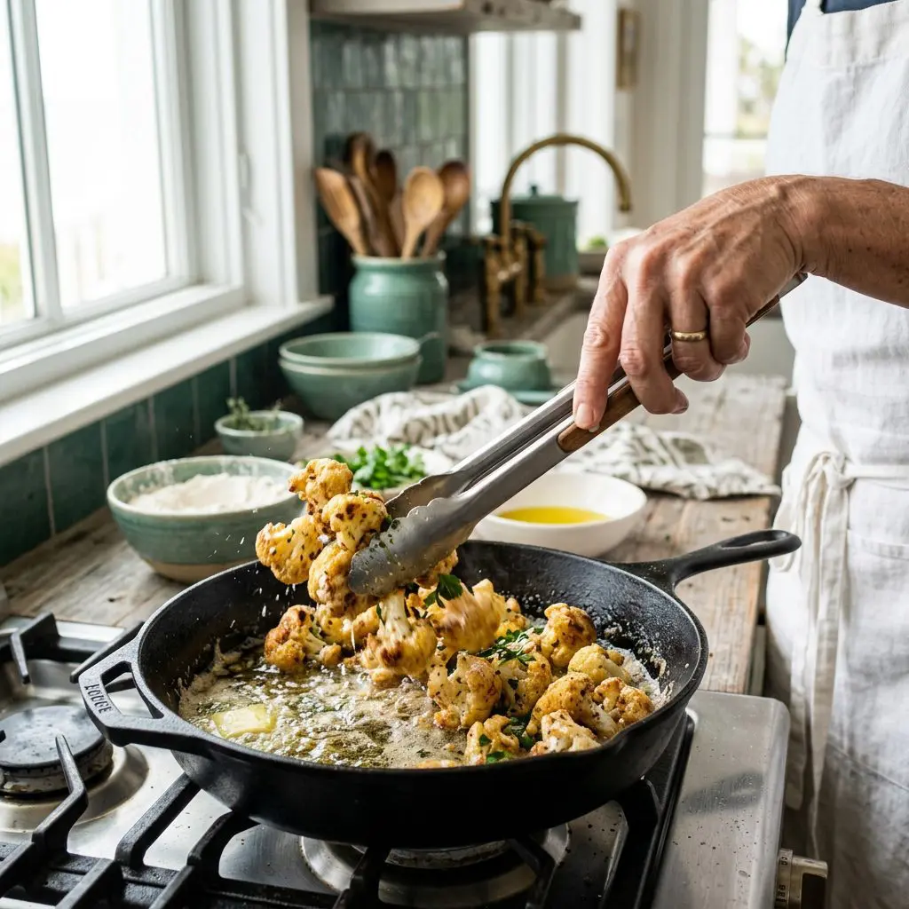Close-up action shot of a cook's hand using tongs to toss golden, flour-dusted cauliflower florets in a hot skillet, sizzling beautifully in olive oil and butter.