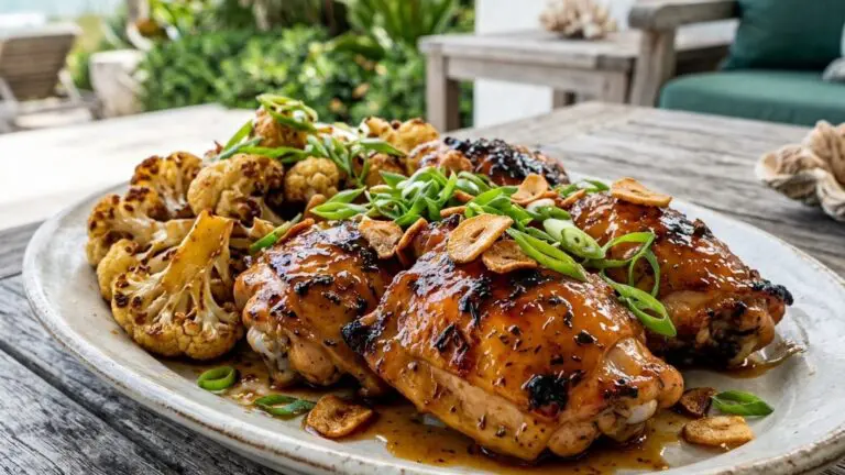 Stunning plated serving of Crispy Garlic Chicken and Cauliflower in Orange Sauce, a chef-tested recipe by Chef Jorj Morgan.