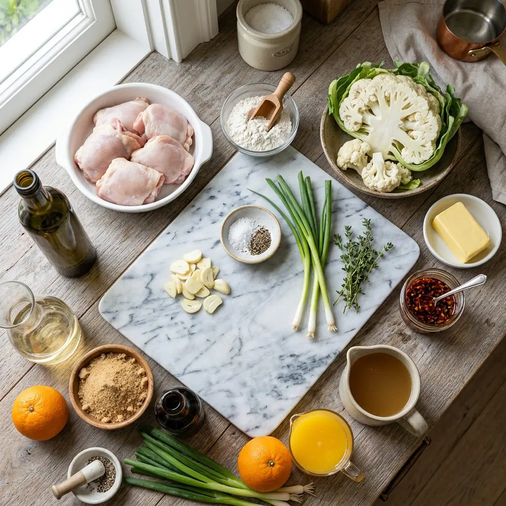 Ingredients arranged: raw chicken thighs, a whole head of cauliflower, flour, olive oil, butter, crispy garlic chili oil, sliced garlic cloves, white wine, brown sugar, soy sauce, fresh oranges and orange juice, chicken stock, green onions, salt, and pepper around a marble prep board.