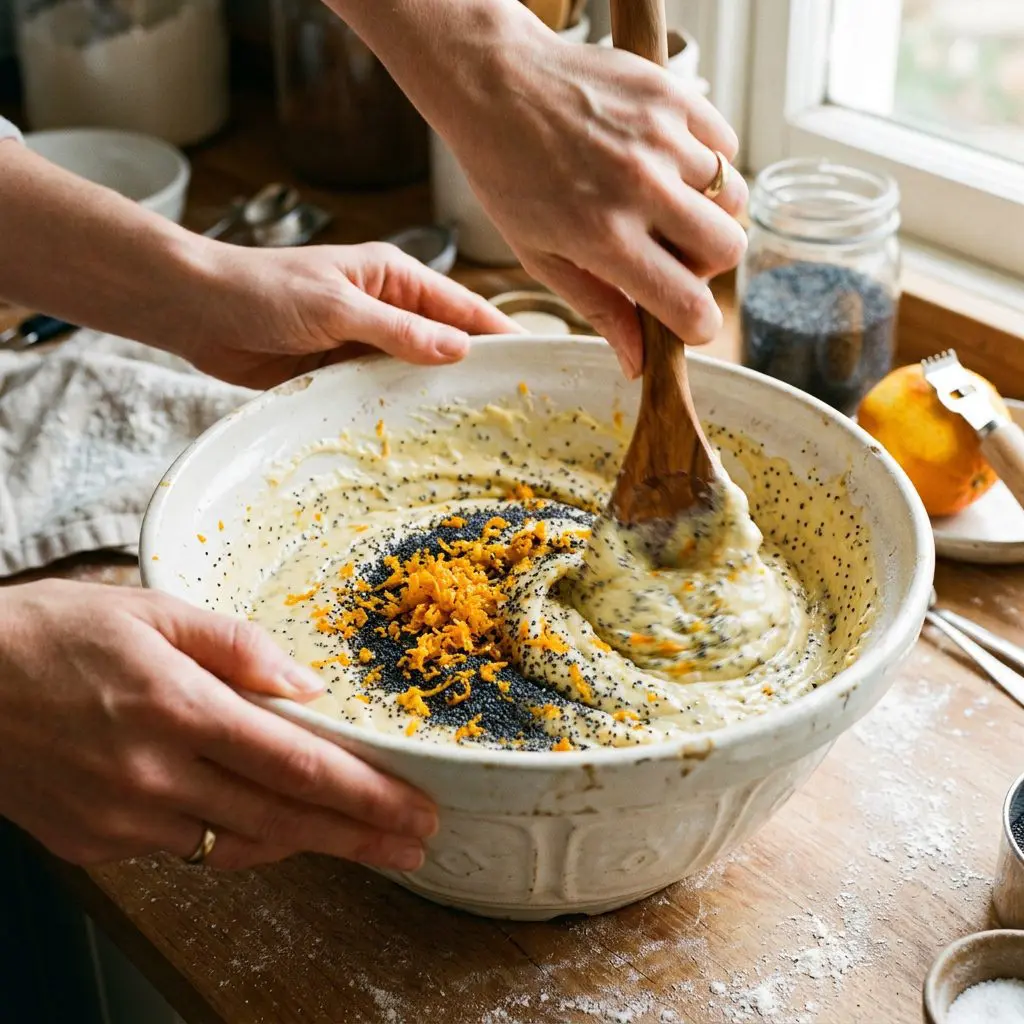 Clean hands gently folding a mountain of bright orange zest and dark blue-black poppy seeds into a thick, creamy, pale-yellow cake batter inside a large white ceramic mixing bowl using a polished wooden spoon. The lighting is warm and bright, highlighting the beautiful texture of the batter.