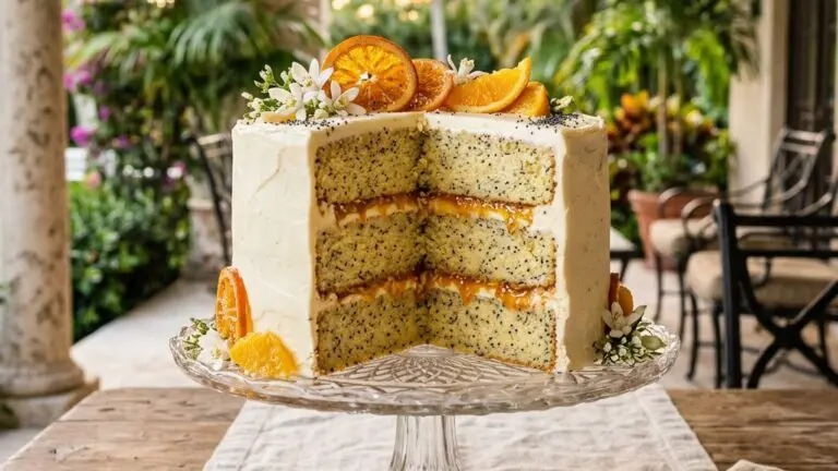 Stunning plated serving of Orange Poppy Seed Cake with Buttercream Frosting, a chef-tested recipe by Chef Jorj Morgan.