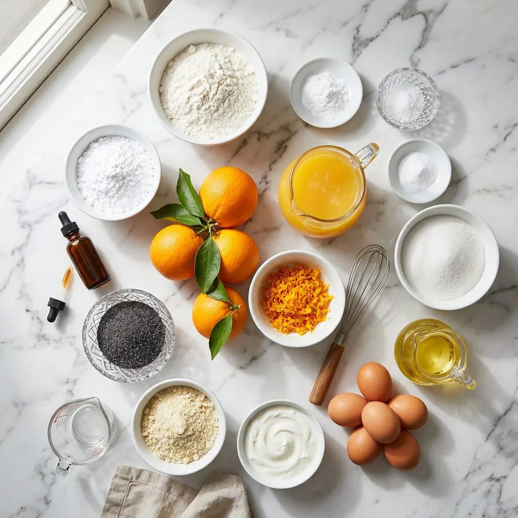 The raw ingredients (mise en place) for an Orange Poppy Seed Cake, arranged on a white marble countertop. Organized in small white porcelain and crystal bowls are: all-purpose flour, baking powder, kosher salt, baking soda, granulated sugar, vegetable oil in a small glass pitcher, fresh eggs, plain whole-milk Greek yogurt, almond flour, whole fresh oranges with vibrant green leaves, bright yellow-orange orange zest, fresh squeezed orange juice, dark poppy seeds in a crystal dish, vanilla extract, and confectionery sugar.