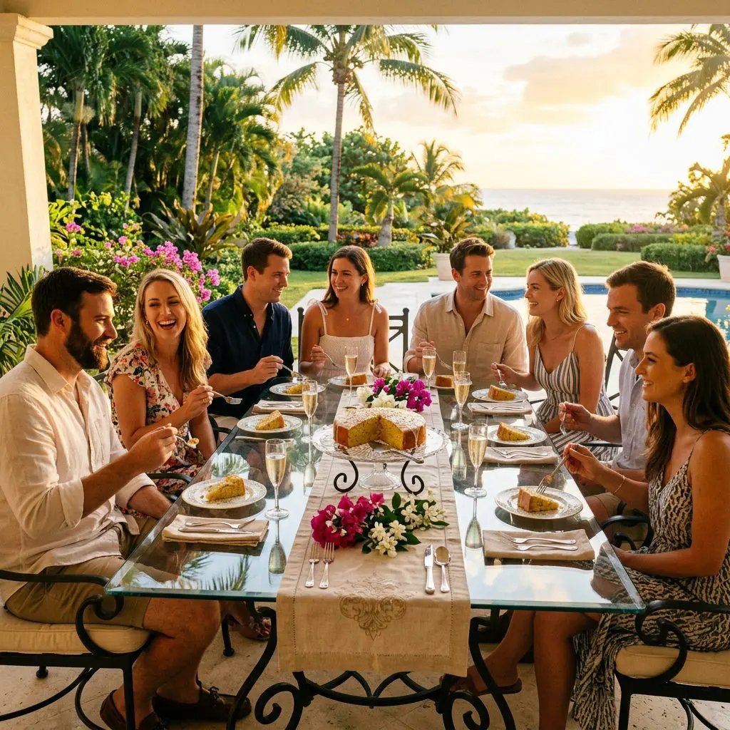 Exactly eight young adult guests enjoying slices of Orange Poppy Seed Cake together. They are gathered around a dressed glass and wrought-iron table on a breezy, sun-drenched Palm Beach Estate veranda overlooking a lush tropical garden at golden hour. On the table are fine porcelain plates with slices of cake, a crystal cake stand, and chilled glasses of sparkling beverage.