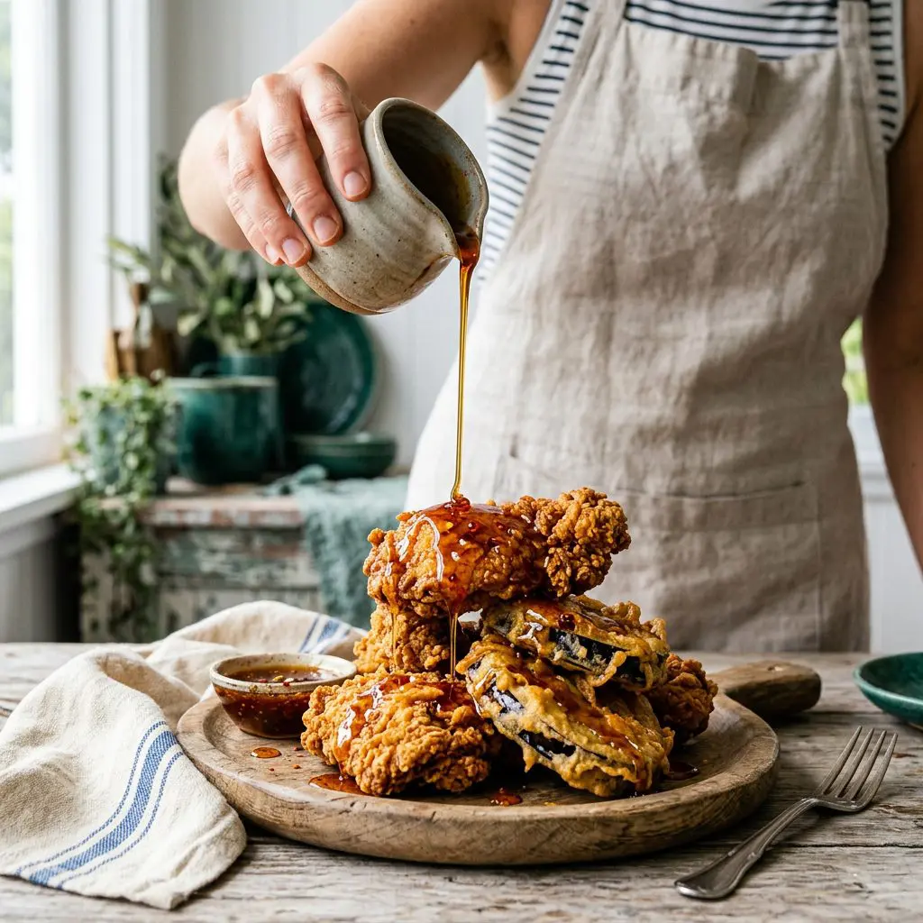 A cook's hand pouring a thick, sticky ribbon of hot, amber-colored spicy maple syrup from a small ceramic pitcher over a tower of crispy golden chicken and beer-battered eggplant.