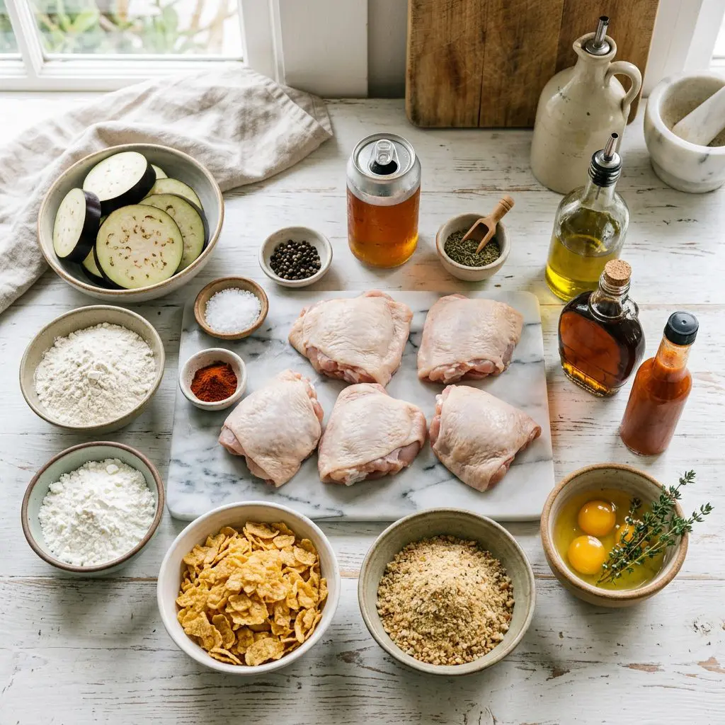 Ingredients arranged: raw bone-in chicken thighs, thick slices of raw eggplant, flour, cornstarch, cornflakes, seasoned breadcrumbs, eggs, a can of beer, dark amber maple syrup, hot pepper sauce, olive oil, and spices around a marble prep board.