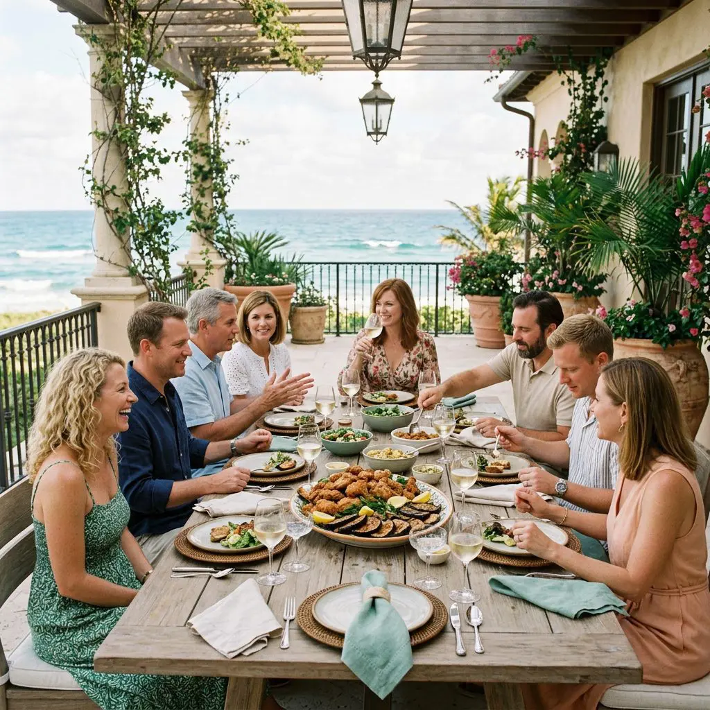 8 guests gathered around the table laughing, eating, and drinking chilled Chenin Blanc in glasses in a Palm Beach Estate dining patio with ocean views. A massive, beautiful platter towering with crispy Chicken and Eggplant anchors the center of the joyful, high-energy gathering.