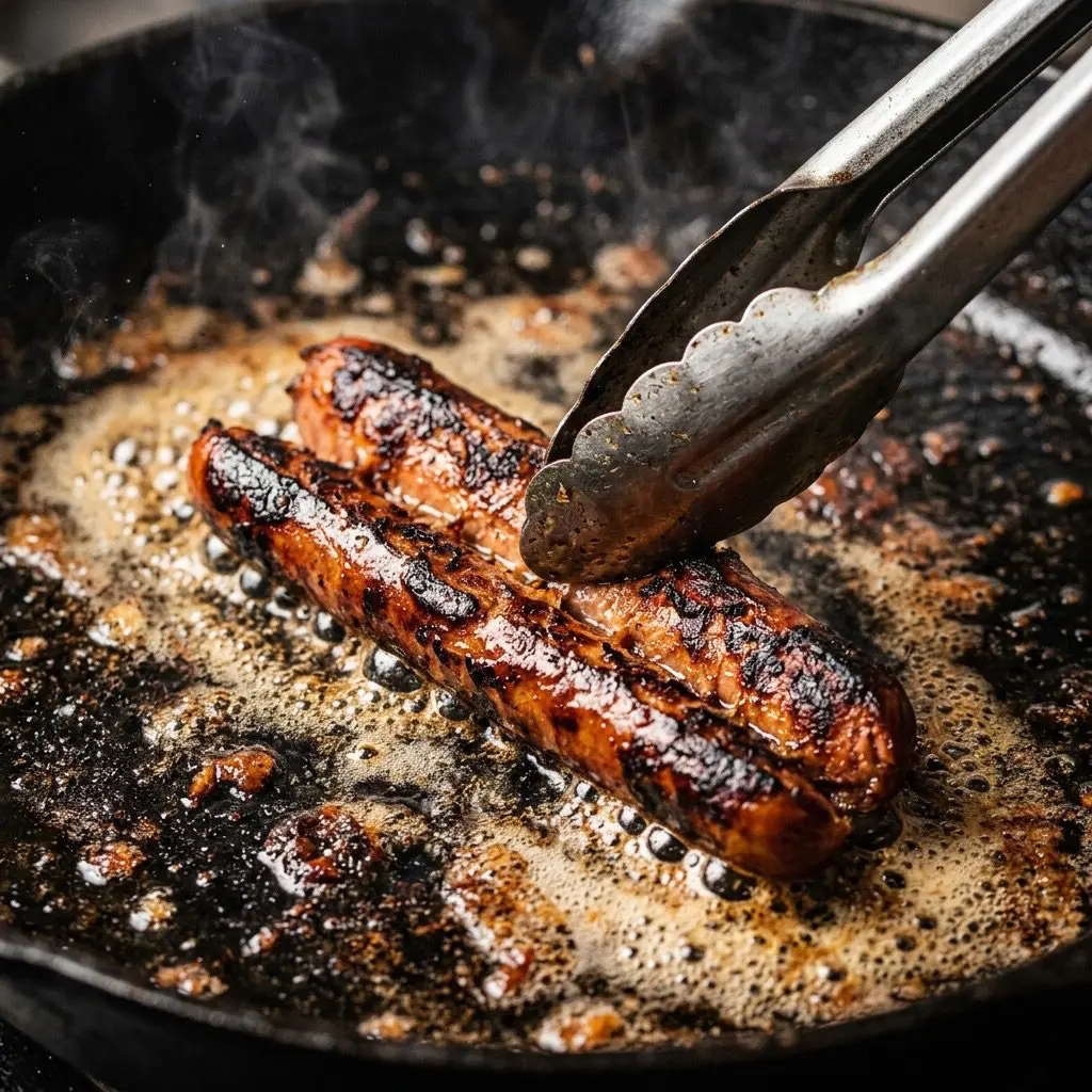 Extreme close-up action shot gently flipping a butterflied hot dog searing in a smoking hot cast-iron skillet filled with sizzling melted butter