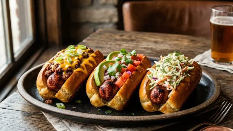 Stunning plated serving of Pan-Fried Dogs with all the Fixin’s, a chef-tested recipe by Chef Jorj Morgan.