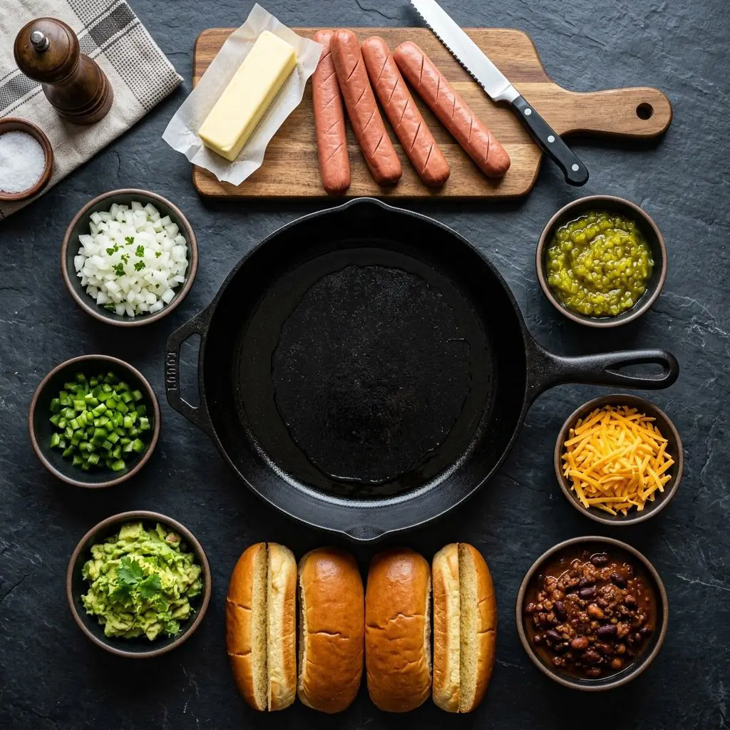 Overhead prep shot of fresh ingredients for gourmet Pan-Fried Hot Dogs, including scored all-beef hot dogs, butter, buns, and bowls of toppings like onions, relish, jalapeños, cheddar, avocado, and chili