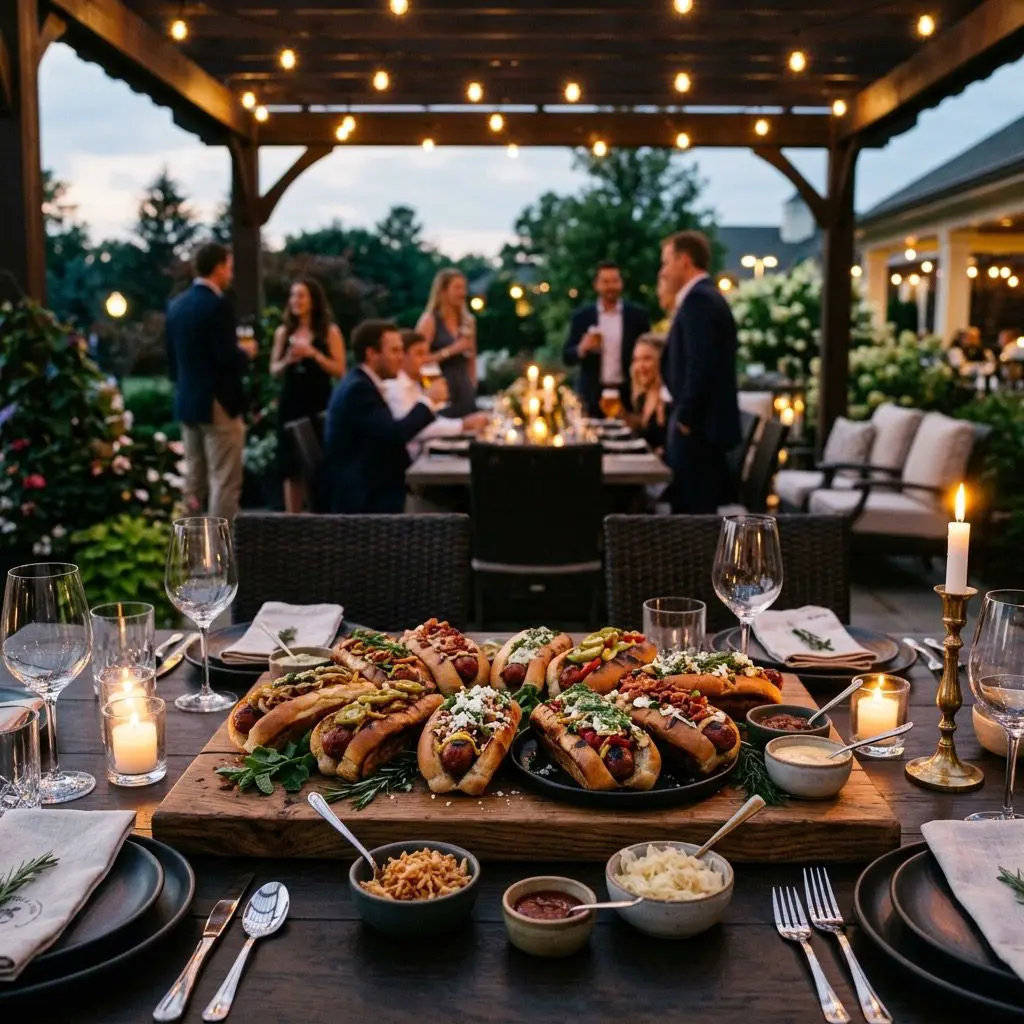A formal evening outdoor dinner table setting featuring a large wooden board loaded with beautiful, gourmet Pan-Fried Hot Dogs with an array of colorful toppings, with a patio gathering in the background.