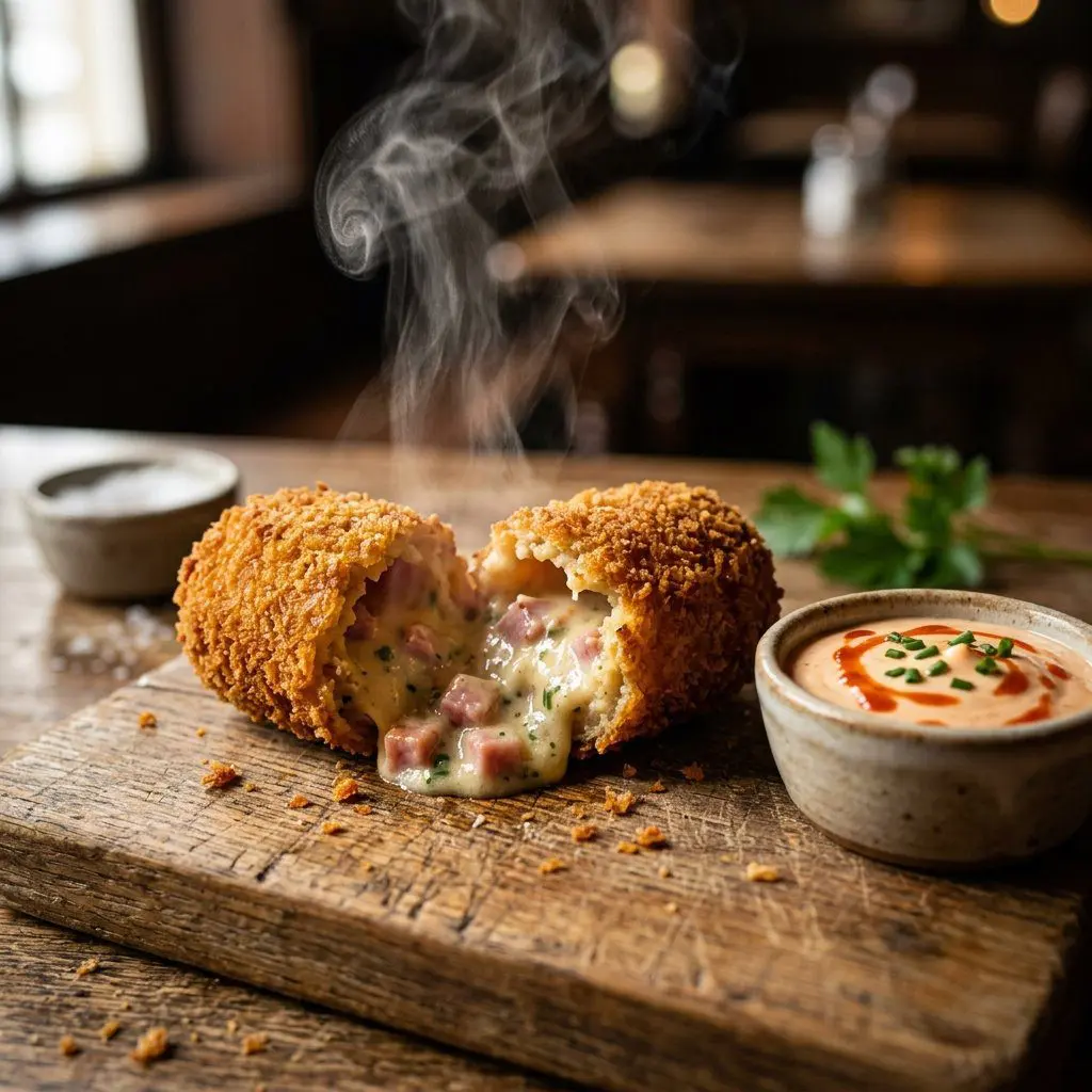 A single golden croquette broken open to explicitly reveal a steaming, creamy bechamel center next to spicy aioli.