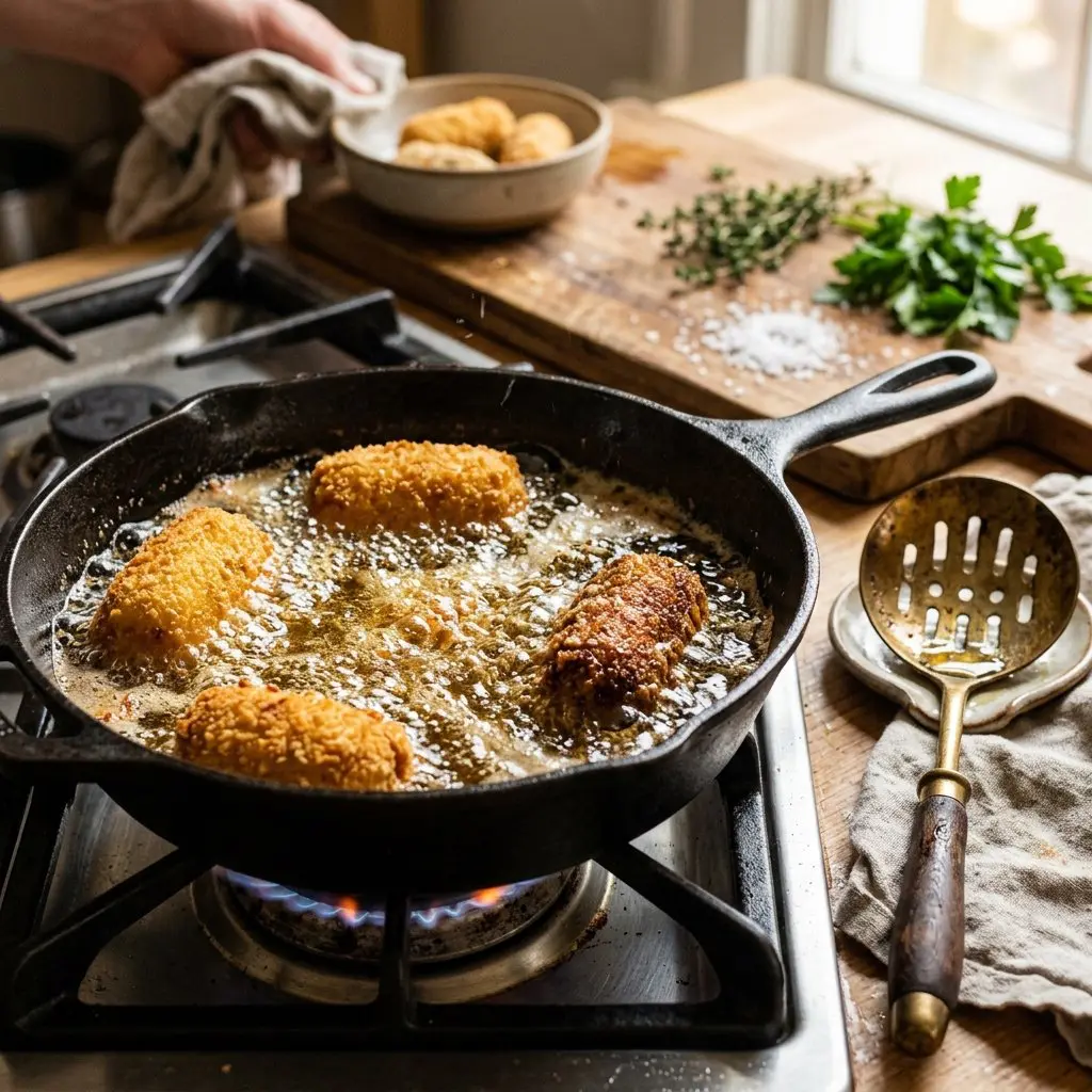 Golden crispy croquettes frying in a cast iron skillet.