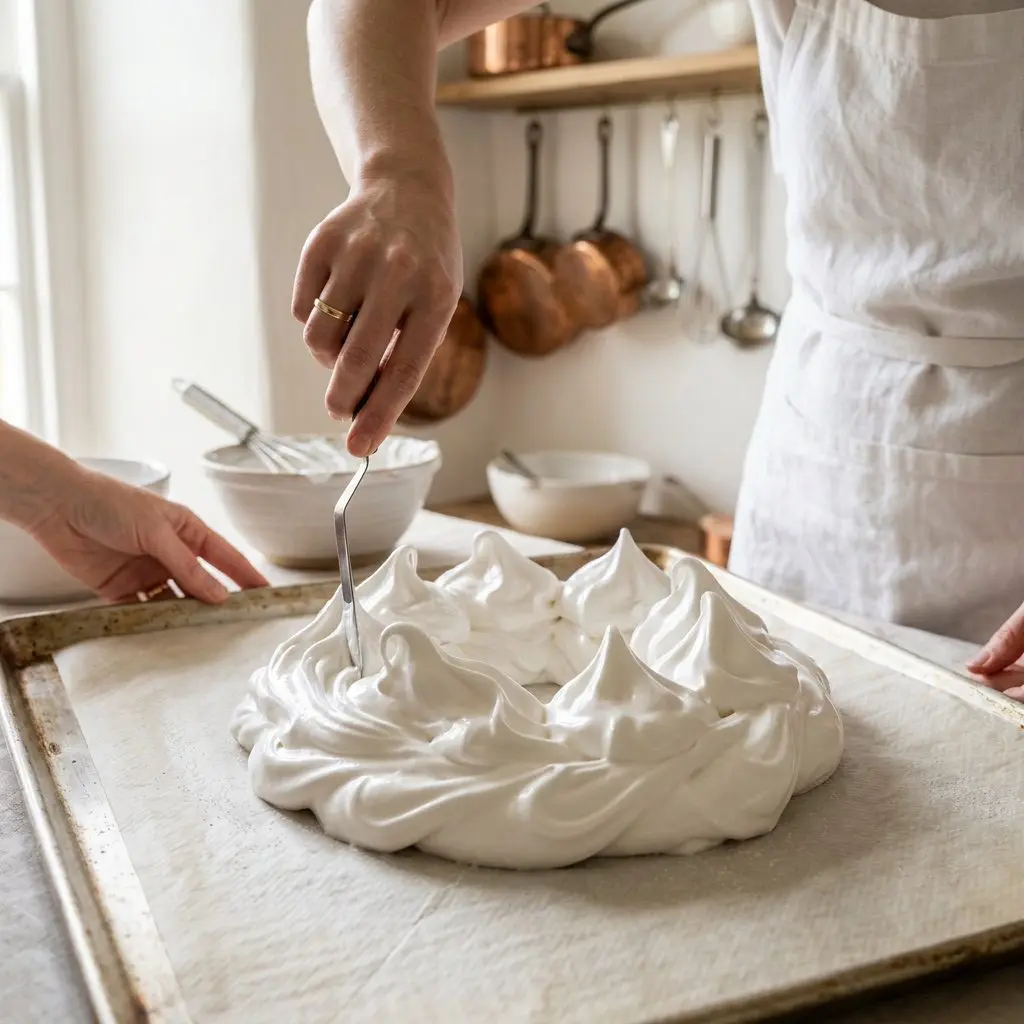 Using an offset spatula to shape whipped meringue on a baking sheet into a round shell with peaks.