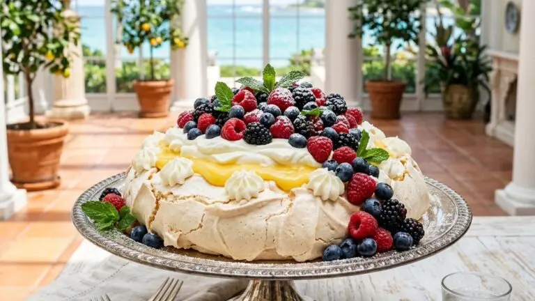 Stunning plated serving of Pavlova with Lemon Curd and Fresh Berries, a chef-tested recipe by Chef Jorj Morgan.