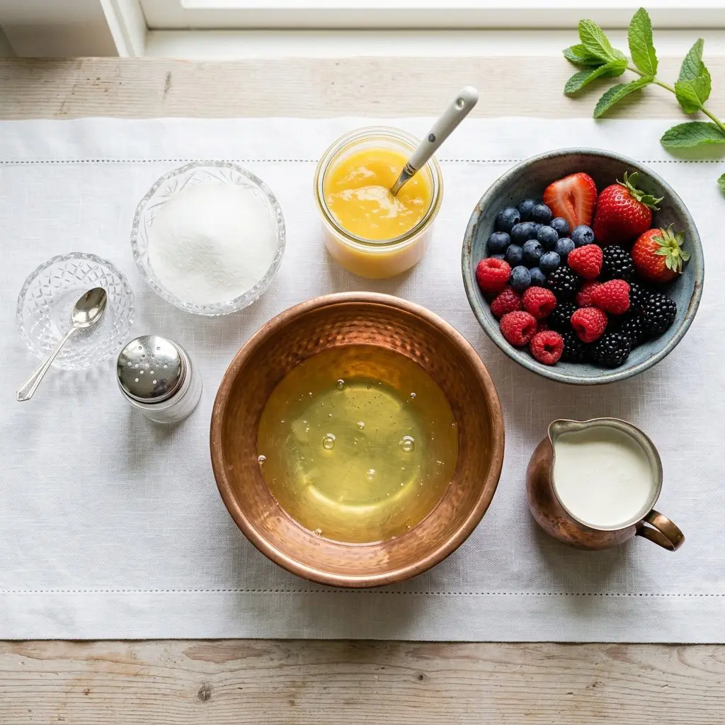 Raw ingredients for pavlova: egg whites in a bowl, sugar, cream of tartar, a jar of lemon curd, and fresh seasonal berries arranged on a white tablecloth.