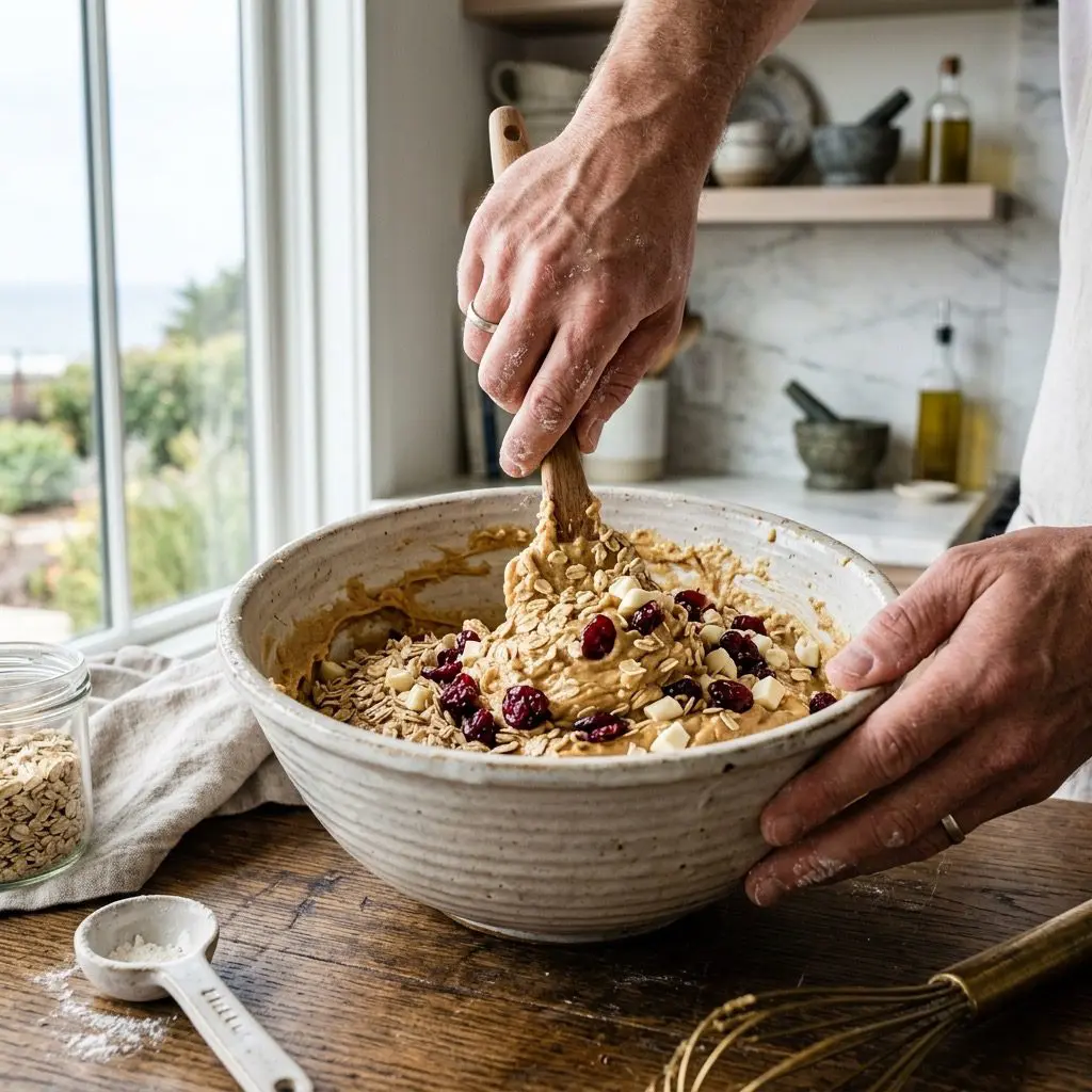 Action shot of a cook's bare hands folding old-fashioned rolled oats, vibrant red dried cranberries, and chunks of white chocolate into a thick, creamy peanut butter cookie batter in a rustic ceramic bowl in a sun-drenched estate kitchen.