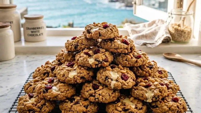 Stunning plated serving of Peanut Butter, White Chocolate, and Cranberry Cookies, a chef-tested recipe by Chef Jorj Morgan.