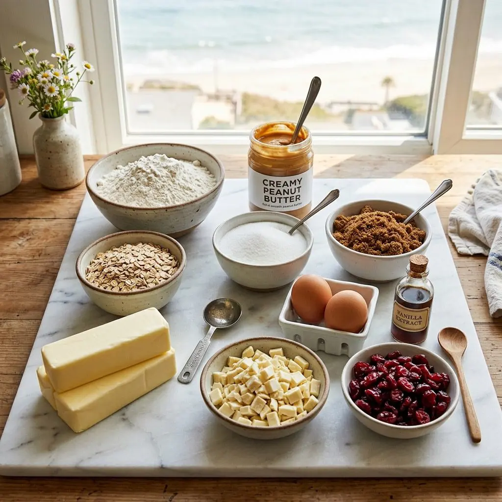 Overhead raw ingredients arrangement on a white marble countertop: a bowl of unbleached flour, baking soda, kosher salt, softened unsalted butter sticks, rich creamy peanut butter, bowls of granulated and dark brown sugars, two brown eggs, a vial of pure vanilla extract, rolled oats, coarsely chopped dried cranberries, and white chocolate chunks.