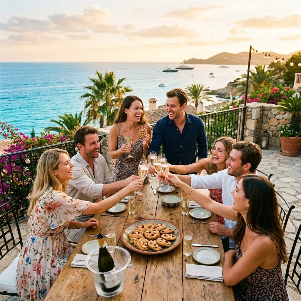 A late-afternoon gathering on a coastal estate terrace overlooking a blue ocean. Exactly eight young adult guests, consisting of four couples, are laughing, sharing warm cookies from a ceramic platter, and clinking sparkling dessert wine glasses of Moscato d'Asti under a warm sunset sky.