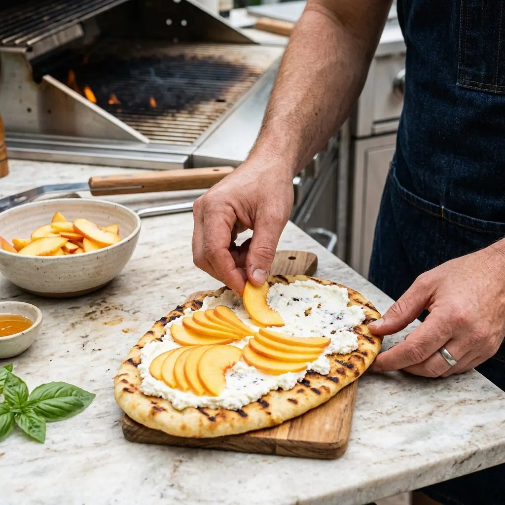 A cook's hands delicately laying thin, ripe peach slices onto a golden, par-grilled flatbread oval covered in creamy white ricotta. The scene is set on a light marble outdoor prep table next to a stainless steel grill.