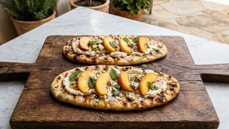 Stunning plated serving of Grilled Flatbread with Peaches, Gorgonzola Cheese, and Maple Glaze, a chef-tested recipe by Chef Jorj Morgan.