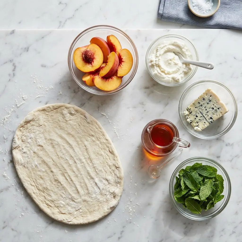 Overhead raw ingredients arrangement: clear glass bowls neatly presenting fresh ripe peach slices, creamy white ricotta cheese, a wedge of blue Gorgonzola cheese, a small glass pitcher of pure amber maple syrup, and fresh green mint leaves. Next to the bowls lies a rolled-out oval of raw flatbread dough on a smooth white marble countertop.
