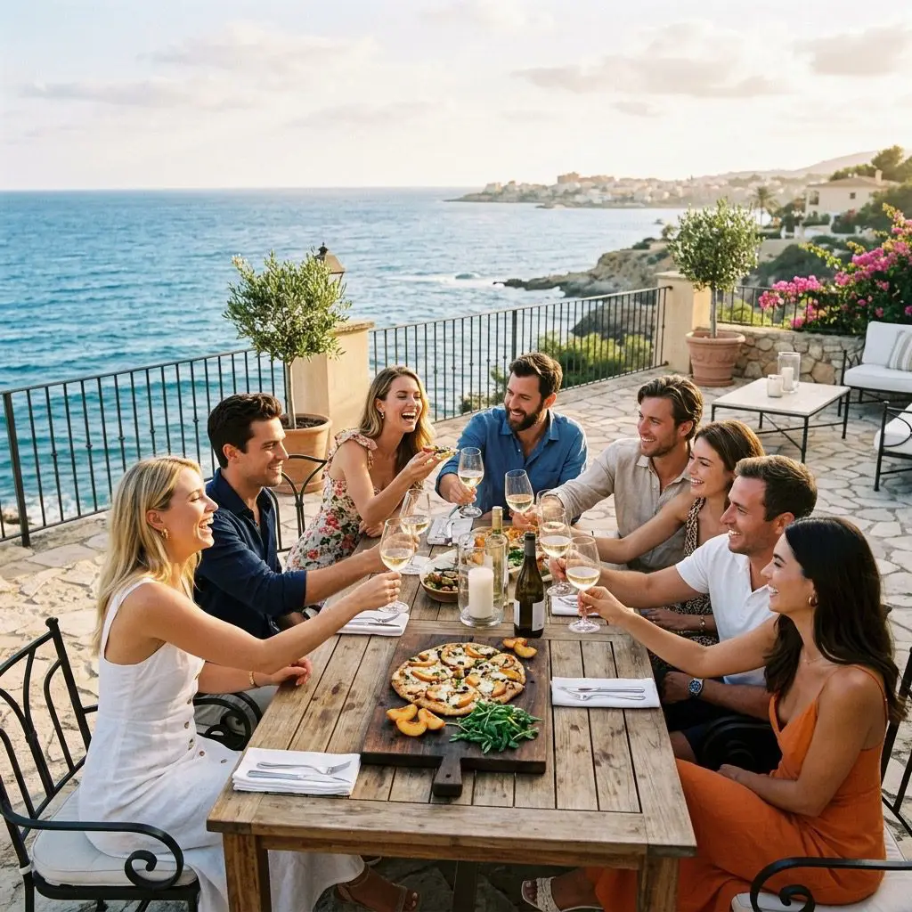 A late-afternoon gathering in a coastal estate dining room overlooking the blue ocean. Eight guests are gathered around a long rustic wooden table, laughing, clinking glasses of chilled white wine, and sharing steaming slices of fresh grilled peach and Gorgonzola flatbread from a dark wooden serving board.