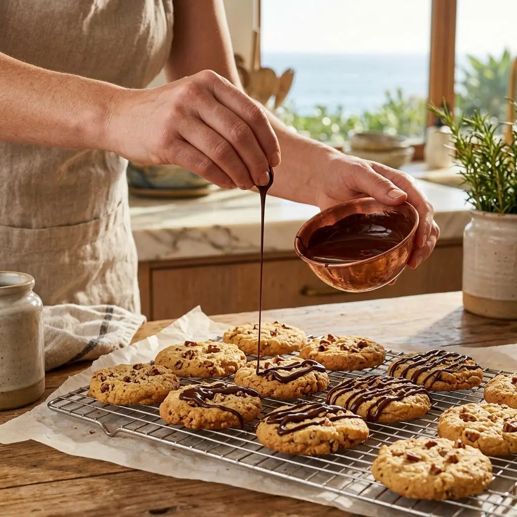 A cook's bare, very clean hands holding a silver spoon, expertly drizzling ribbons of melted dark chocolate over golden, freshly baked pecan shortbread cookies resting on a wire cooling rack in a sunny kitchen.