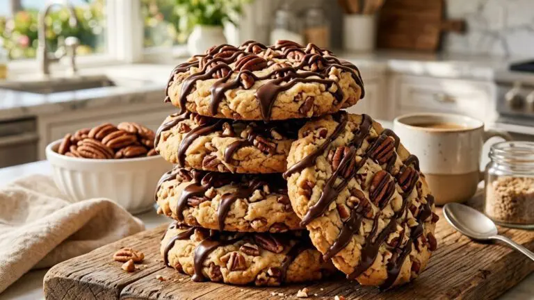 Stunning plated serving of Pecan Shortbread Cookies with Dark Chocolate Drizzle, a chef-tested recipe by Chef Jorj Morgan.