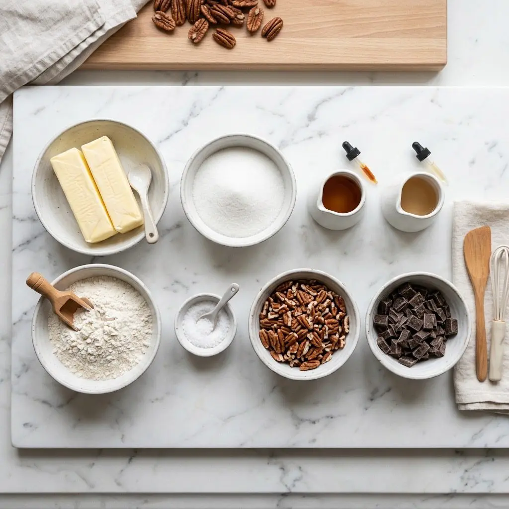 A neatly arranged mise en place for pecan shortbread cookies on a white marble countertop. Styled white ceramic dishes contain three sticks of room temperature unsalted butter, one cup of granulated sugar, pure vanilla and almond extracts in delicate glass vials, unbleached all-purpose flour, a pinch of salt, a bowl of finely chopped fresh pecans, and a bowl of rich dark chocolate chunks ready to be melted.