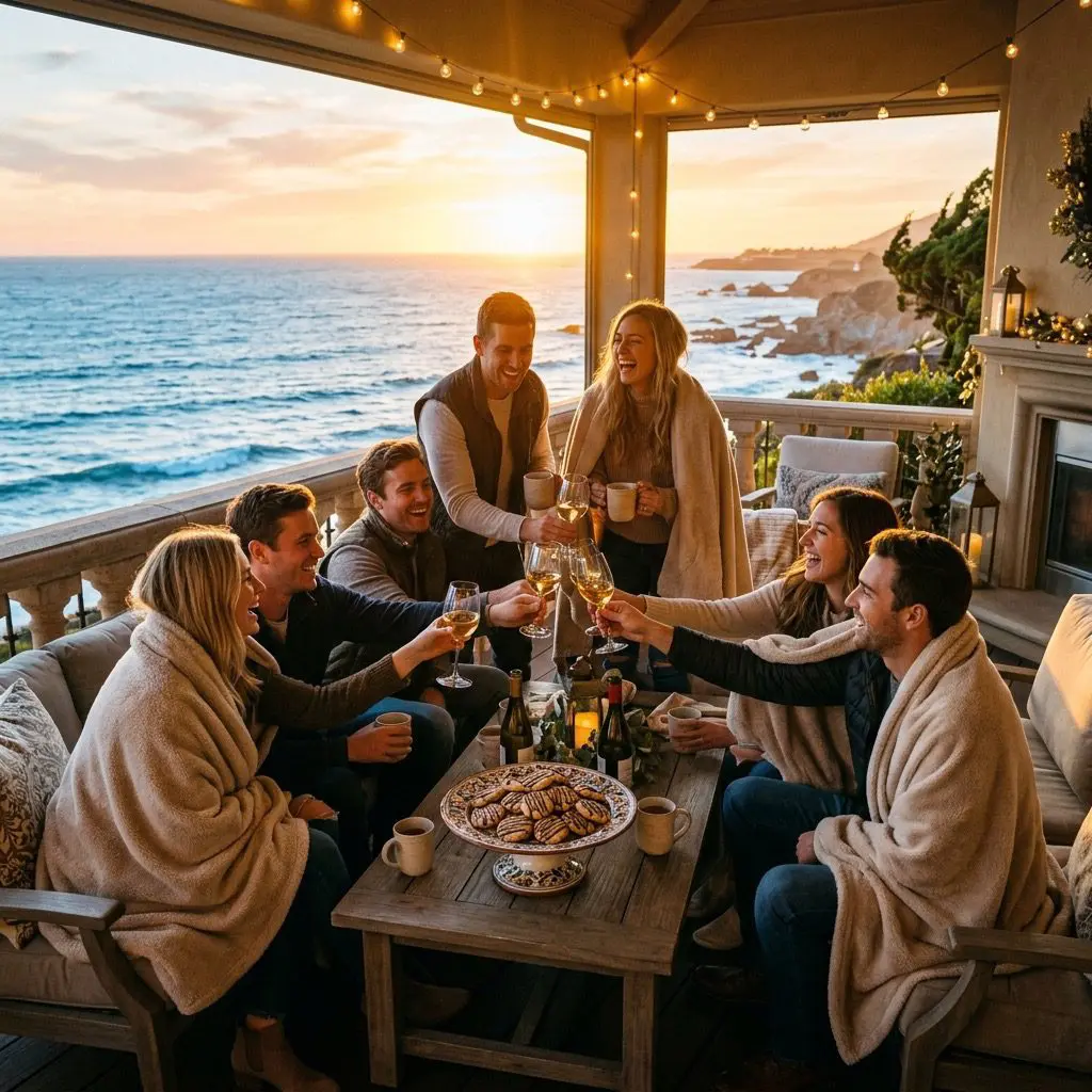 A coastal estate veranda at golden hour overlooking a sparkling blue ocean. Exactly eight young adult guests, consisting of four couples, are laughing, talking, and sharing warm pecan shortbread cookies from a white ceramic platter while clinking glasses of ruby port and mugs of espresso, wrapped in soft linen throws.