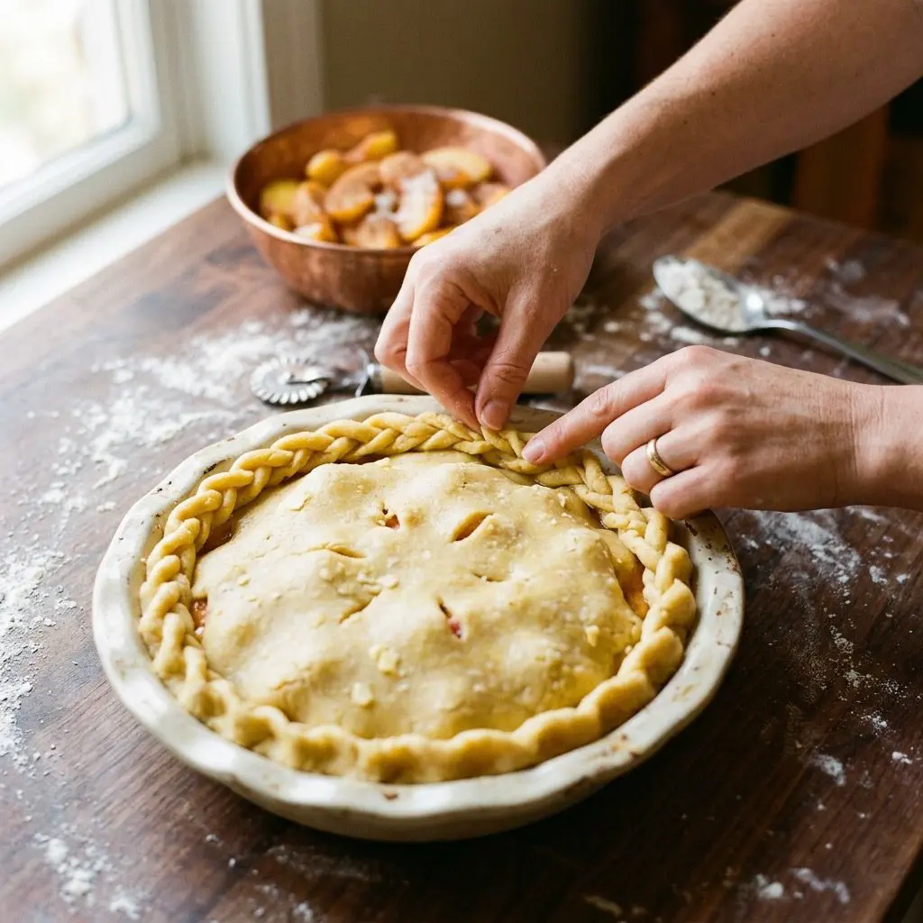 Clean hands crimping the edges of a double-crust peach pie in a ceramic pie dish on a lightly floured dark wooden tabletop. The golden, unbaked pastry crust shows bits of cold butter, and the edges are being tucked and folded. Nearby, a copper bowl of thinly sliced, juicy peaches tossed with sugar and cinnamon sits in a warm, soft-focus blur. Culinary branding, warm natural light, dynamic action.