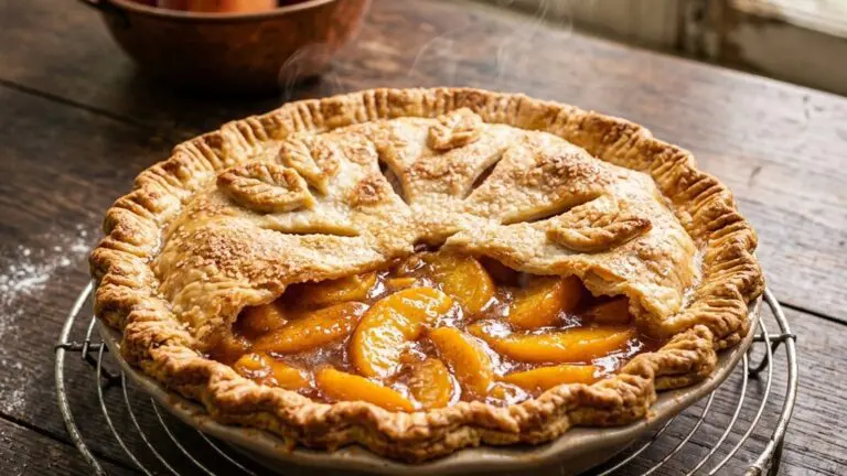 Stunning plated serving of Perfect Peach Pie, a chef-tested recipe by Chef Jorj Morgan.