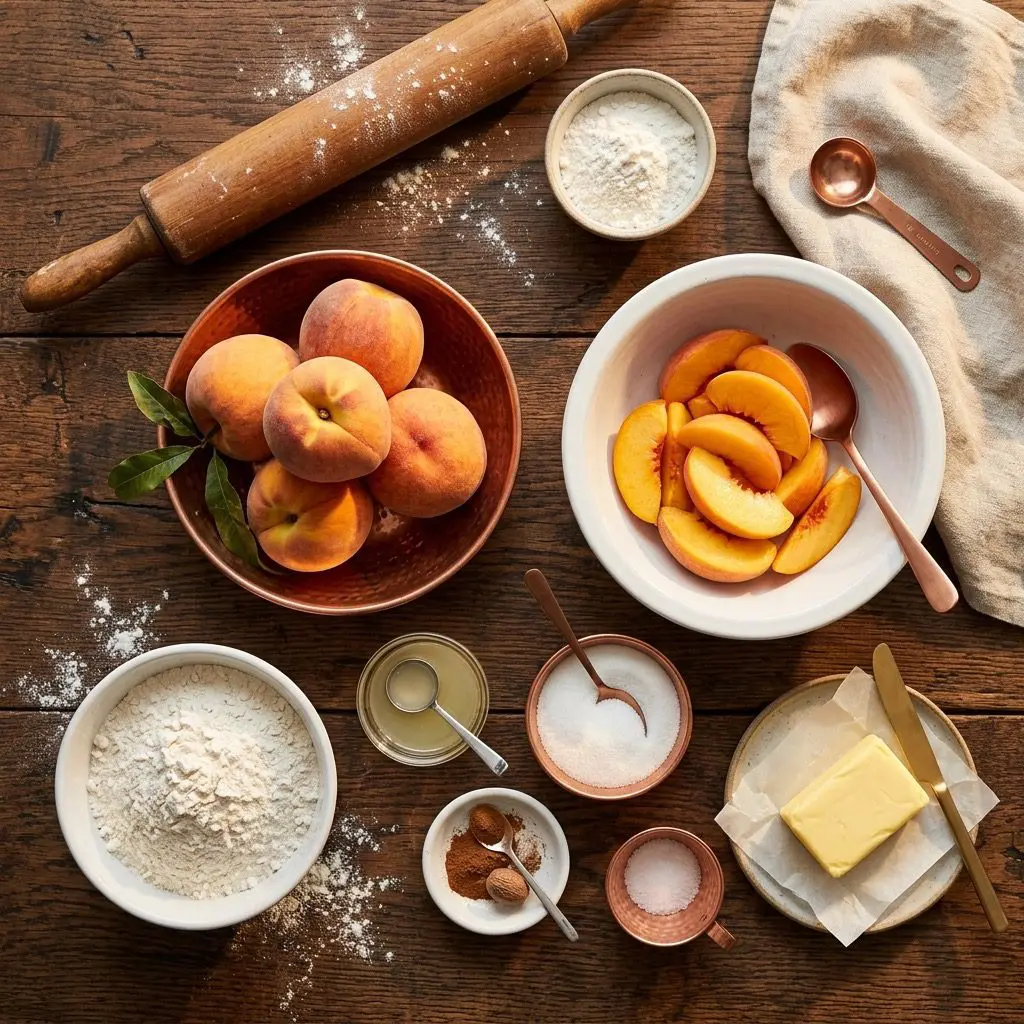 Raw ingredients (mise en place) for a Perfect Peach Pie, arranged in copper and white stoneware bowls on a rustic dark oak table. The ingredients include 8 ripe orange-yellow peaches (whole and sliced), fresh lemon juice in a small glass dish, white granulated sugar, all-purpose flour in a stoneware bowl, ground cinnamon, nutmeg, a small copper cup of kosher salt, a block of rich yellow butter, and a rolling pin next to fresh flour dustings. Food styling, warm late-summer golden-hour lighting.