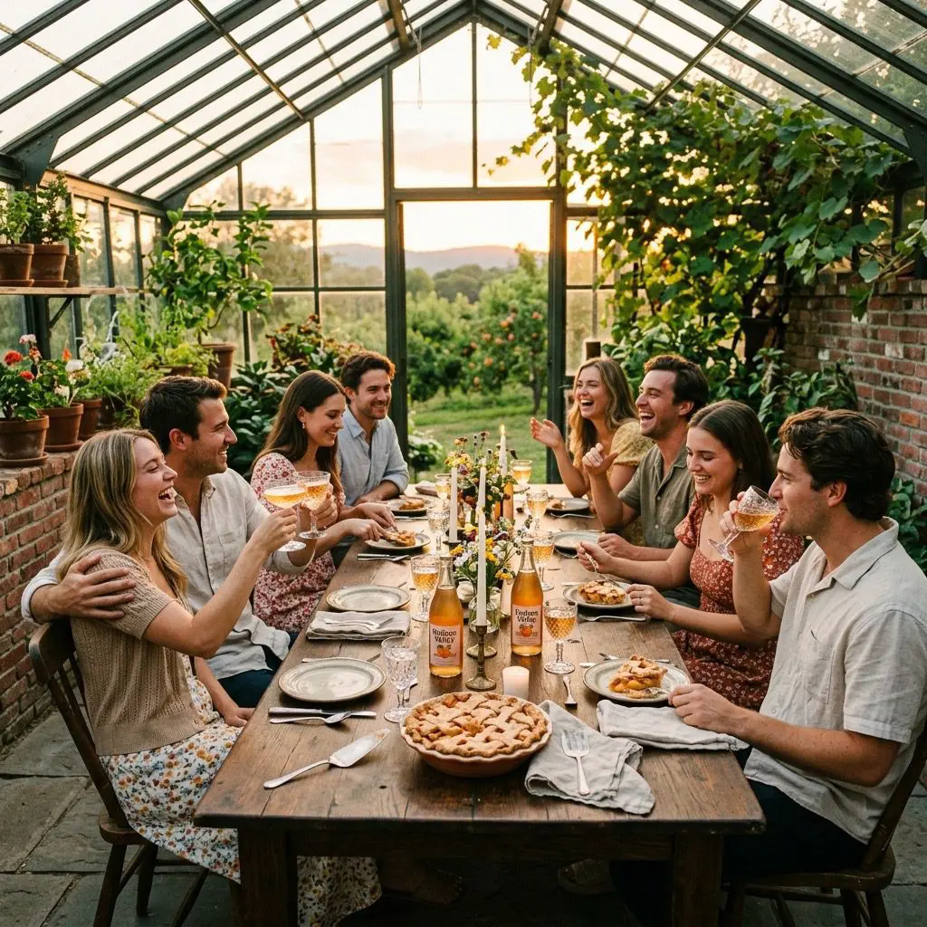 Eight guests laughing, sharing sparkling peach cider, and enjoying freshly baked peach pie together. They are gathered around a long rustic dark oak harvest table inside a cozy, sunlit glass-roofed conservatory at a historic Hudson Valley orchard estate at late-summer sunset. The table is dressed with linen runners, stoneware plates silverware, and crystal goblets catching the warm amber sunlight. Cozy, warm glowing atmosphere estate hospitality branding.