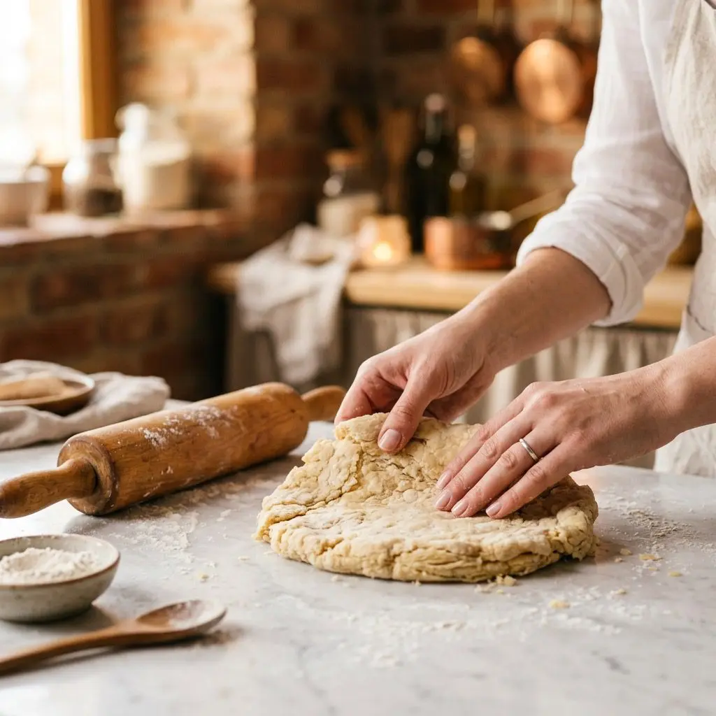 Clean hands gently pressing, folding, and shaping fresh, flaky pie dough on a lightly floured white marble surface. Next to the dough are a wooden rolling pin and a light dusting of flour. The background is a soft, warm out-of-focus blur of a cozy brick-walled cellar kitchen with golden light. Dynamic action, crumbly yet cohesive texture culinary branding.