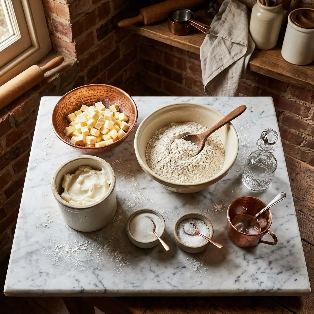 Raw ingredients (mise en place) for Perfect Pie Crust Dough, arranged in copper and white stoneware bowls on a cool white marble pastry slab inside a cozy brick-walled cellar kitchen. The ingredients include 12 tablespoons of cold butter cut into tiny cubes, vegetable shortening in a small stoneware crock, unbleached all-purpose flour, granulated sugar, kosher salt, a crystal decanter of clear vodka, and a copper cup of ice-cold water. Food styling, flour dusted on the slab, warm moody brick lighting.