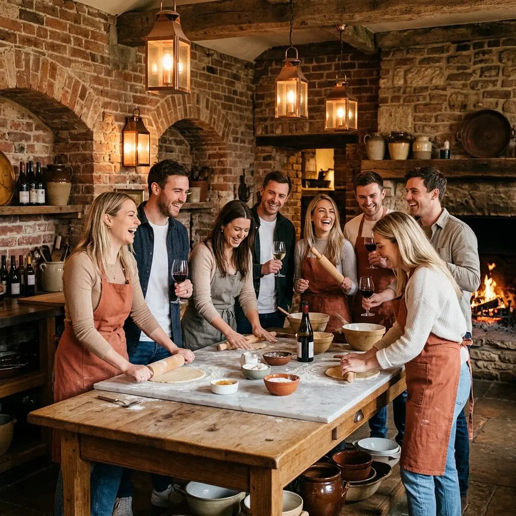 Eight guests laughing, sharing wine, and rolling pie dough together. They are gathered around a long rustic oak table with white marble slabs inside a warm, brick-walled cellar kitchen. They are holding wine glasses, and some are wearing cozy terracotta-colored canvas aprons. The background has brick arches, glowing copper hanging lanterns, and a warm crackling stone fireplace in a corner. Cozy, warm glowing atmosphere estate hospitality branding.
