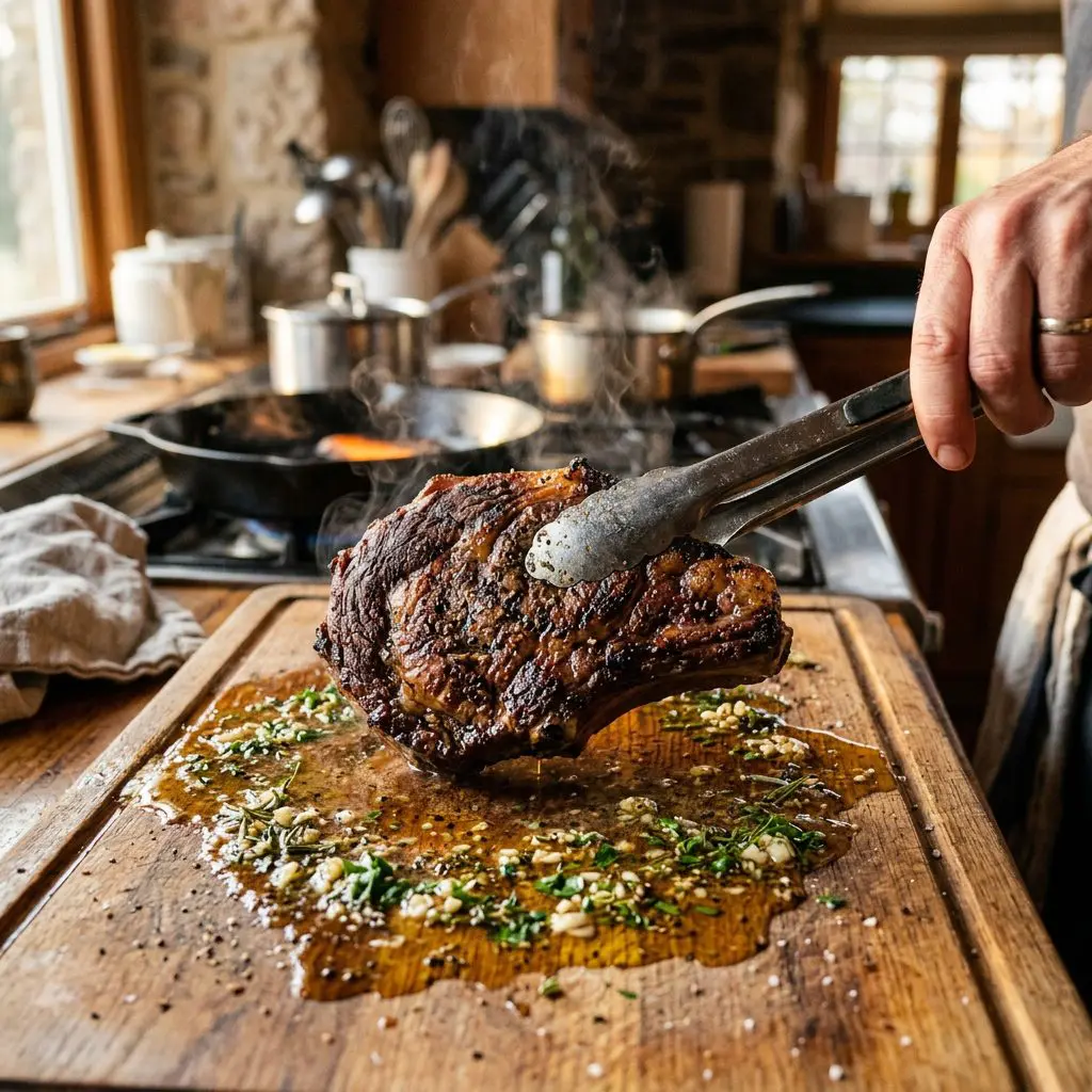A steaming hot, grilled ribeye steak being flipped over with heavy metal tongs directly onto a rustic wooden cutting board that is coated in a glistening, herbaceous wet mixture of olive oil, butter, herbs, and garlic.