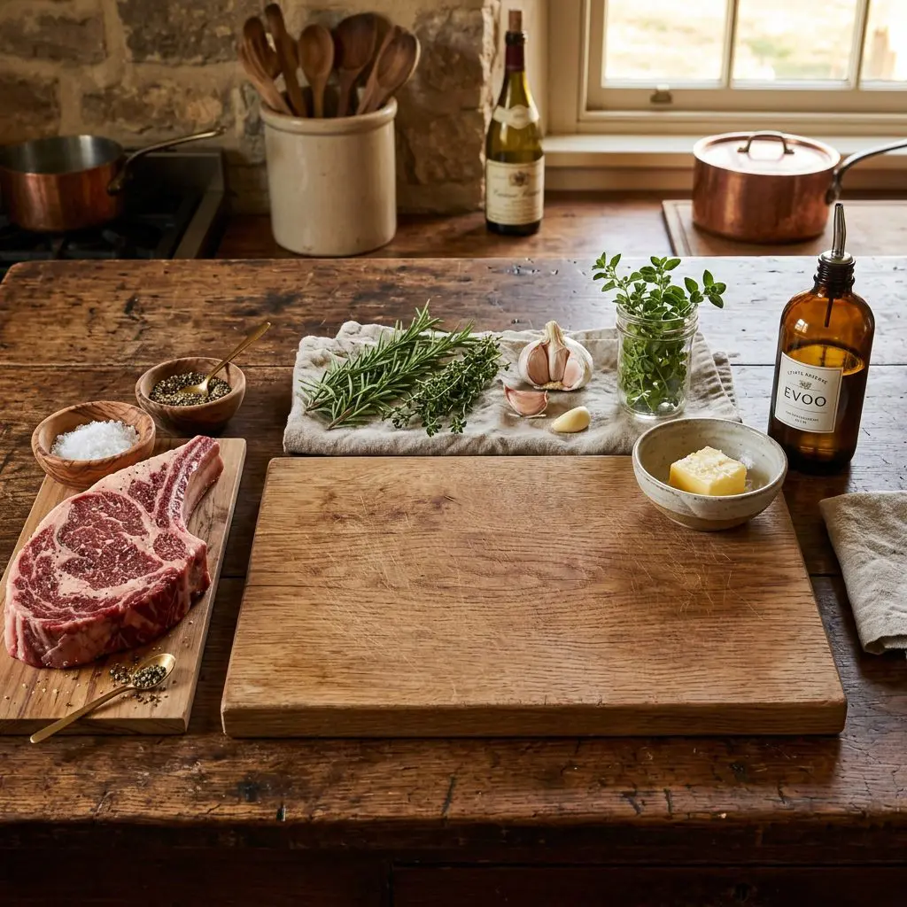 Raw ingredients for a grilled steak and board sauce arranged: a thick, marbled raw ribeye steak, a small bowl of kosher salt, coarse black pepper, fresh garlic cloves, rosemary sprigs, thyme sprigs, a pat of butter, and a bottle of olive oil, arranged around a large, empty rustic wooden cutting board.