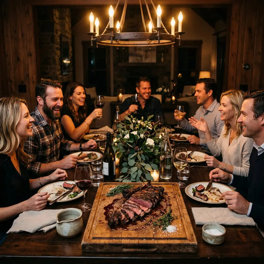 8 guests gathered around the table laughing, eating, and drinking wine, with a large rustic wooden cutting board featuring sliced Grilled Steak and Board Sauce in the center as the anchor.