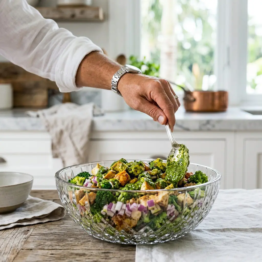 Close-up action shot of a cook's hand using a silver serving spoon to fold a glossy, vibrant green pesto mayonnaise dressing over perfectly cubed roasted chicken, blanched broccoli florets, and diced red onions in a heavy crystal bowl.