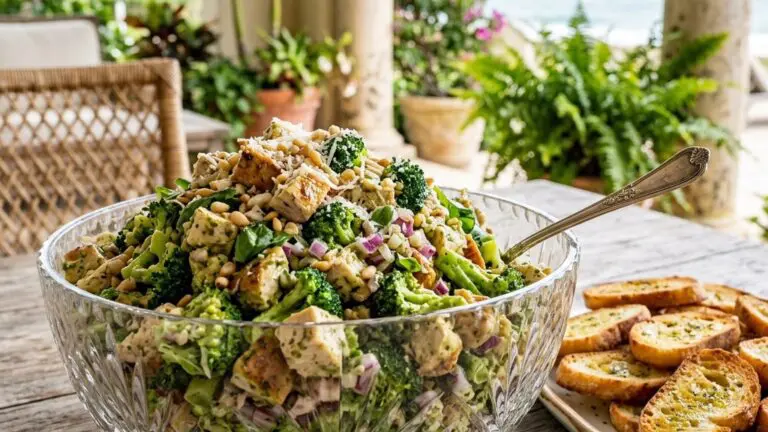 Stunning plated serving of Pesto Chicken Salad, a chef-tested recipe by Chef Jorj Morgan.