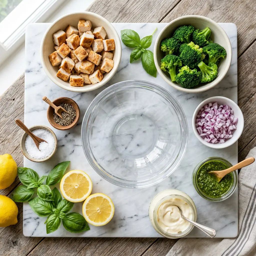 Overhead mise en place shot of ingredients aesthetically arranged: cubed roasted chicken breasts, bright green blanched broccoli florets, finely diced red onion, mayonnaise, a jar of vibrant green basil pesto, fresh lemons, kosher salt, and cracked black pepper around a heavy crystal mixing bowl on a marble prep board.